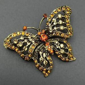 Yellow Gold with Champagne Topaz and Brown Crystal Butterfly Pin Back Brooch